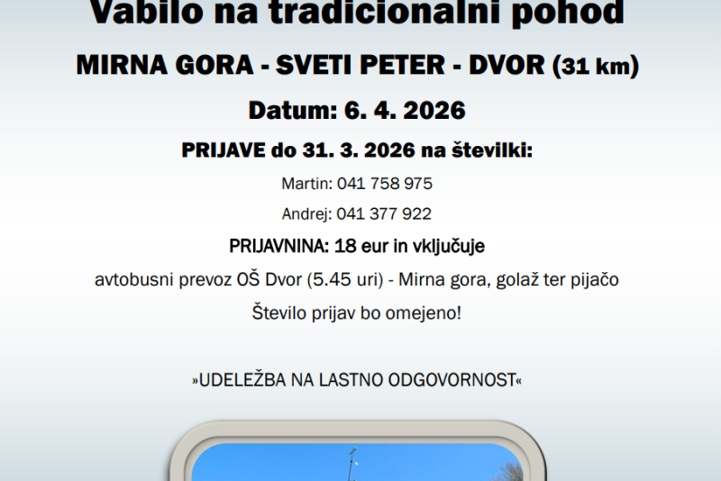 Vabljeni na pohod Mirna Gora – Sv. Peter